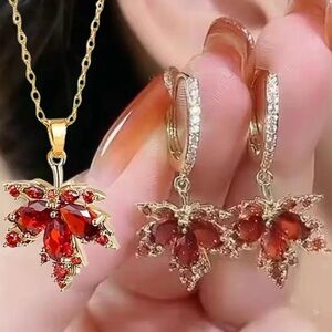 NIP Elegant Gold and Red Leaf Earrings and necklace set